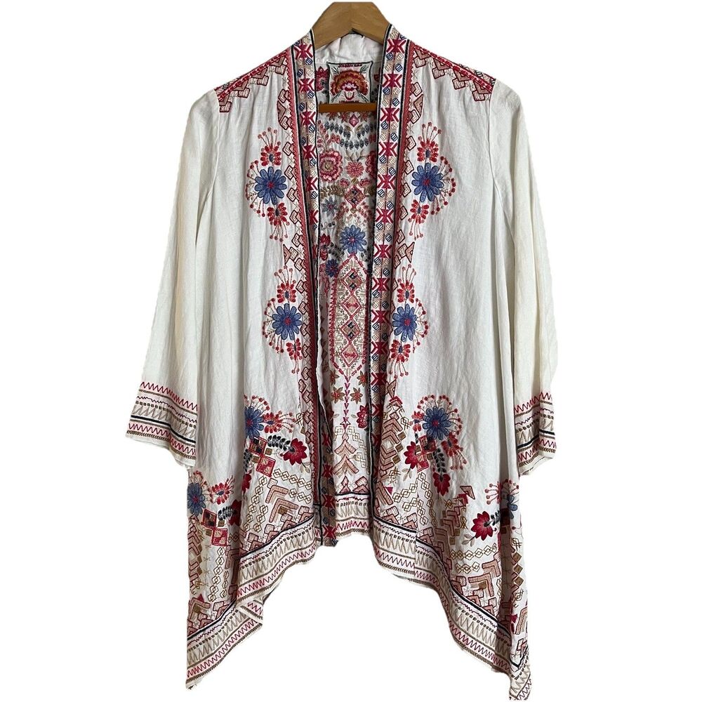 Johnny Was Open Kimono M White Floral Boho Chic Western